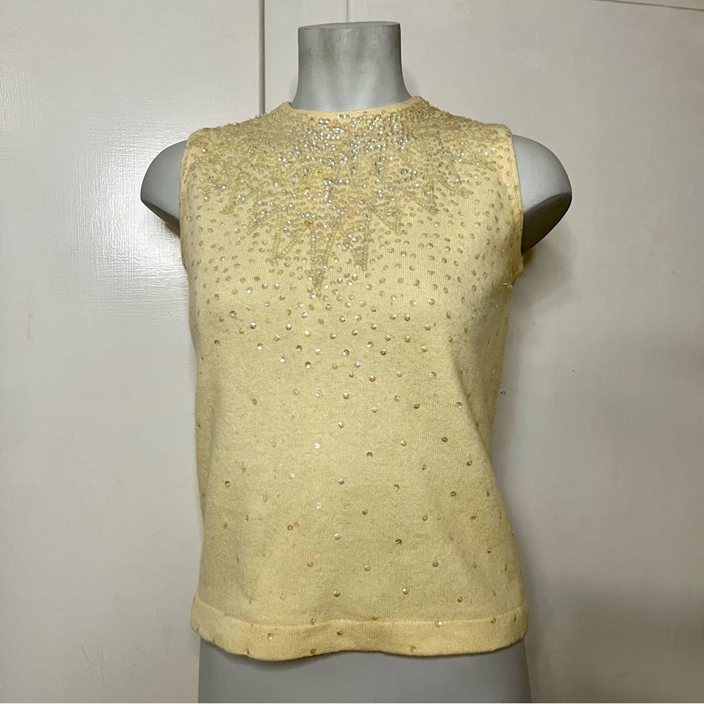Vintage 60s Sequin Cream Wool Angora Sleeveless Knit Sweater Tank Top
